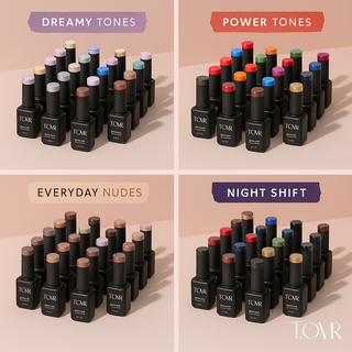 “T.OVR gel polish bottles displayed in organized rows, grouped by color categories: Dreamy Tones, Power Tones, and Night Shift, with matte black bottles and colored caps on a blush pink background.”